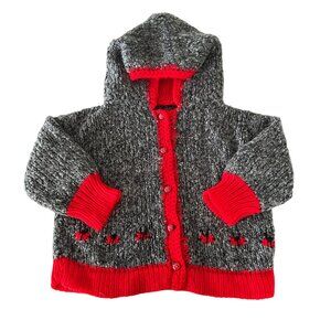 Handmade Toddler‎ Hooded Cardigan Sweater Gray Red Ladybug Details & Buttons 2T